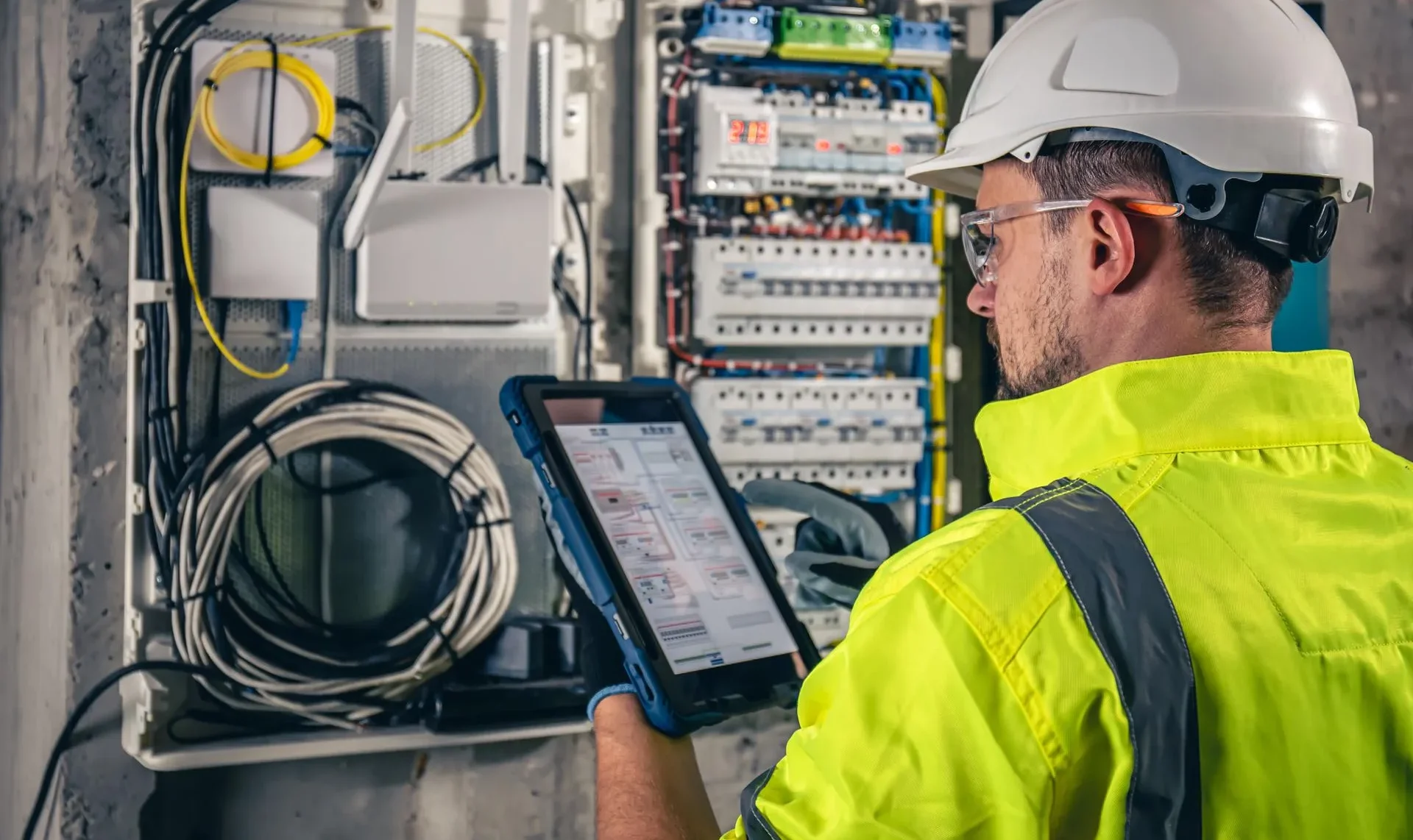 1 Electrician Technician At Work With Safety Equipment On A Residential Electrical System