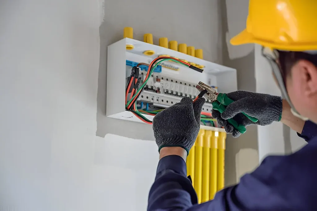 Electrician examining circuit breakers for electrical issues